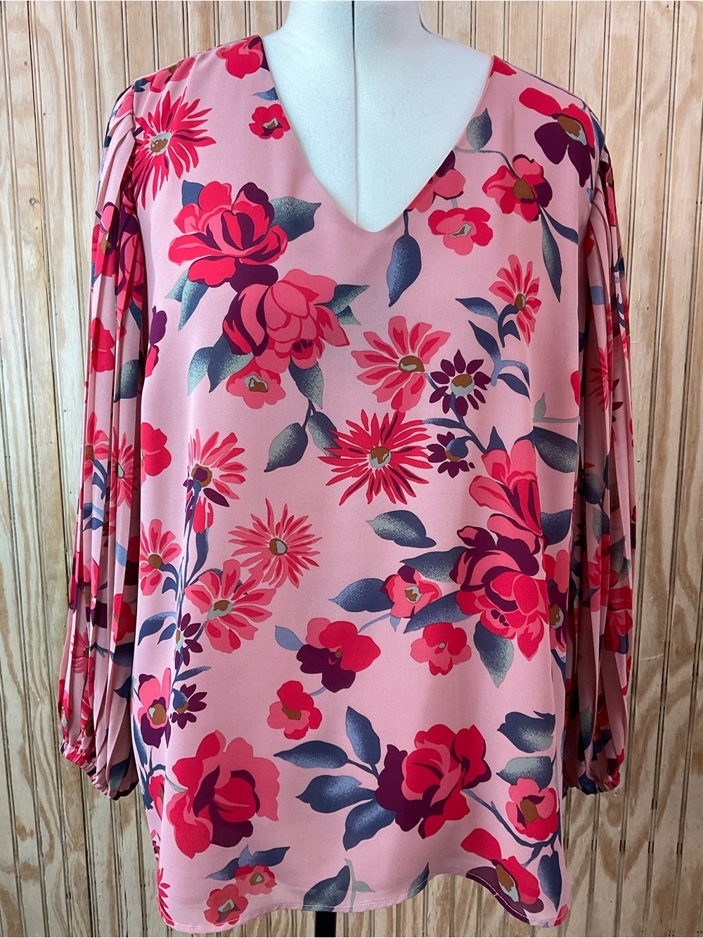 Belle by Kim Gravel Pink Floral V-Neck Blouse with Red Accents